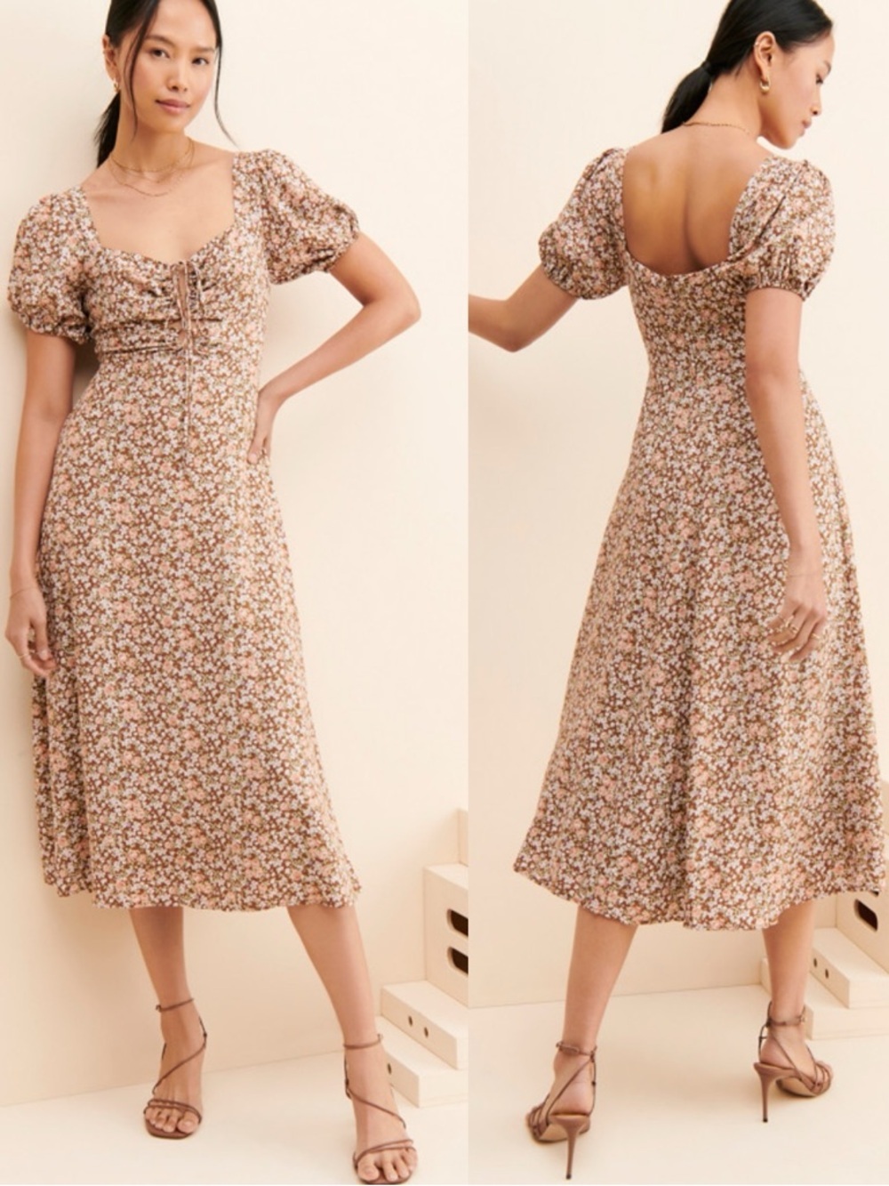 ASTR The Label Lace Up Puff Sleeve Brown Floral Midi Dress Milkmaid Vintage XS